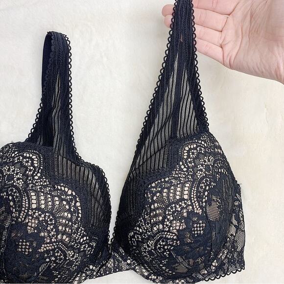 Victoria's Secret Dream Angels Black Nude Lace Pinstripe Push-Up Bra Size 34DD - Picture 2 of 8